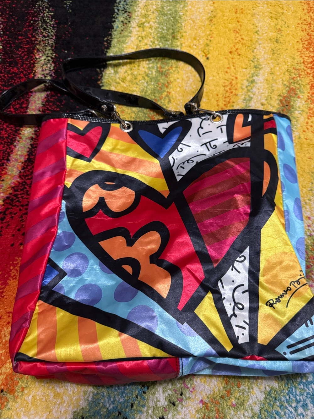 Britto Bright Multi-Heart Printed Tote Bag with Black Handles